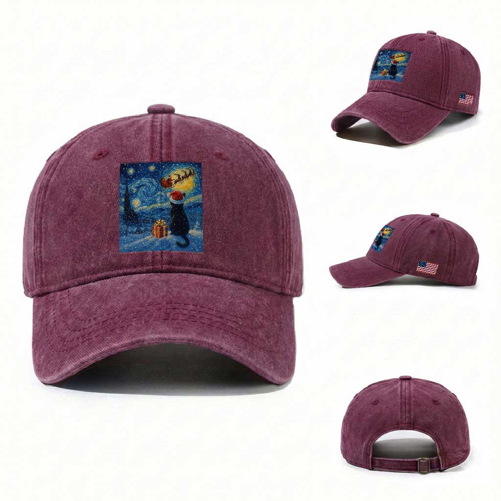 Cat Starry Night Christmas Washed Cotton Baseball Cap Van Gogh Cat Lover Xmas TS14 Washed Cap Universal Fit Burgundy Print Your Wear
