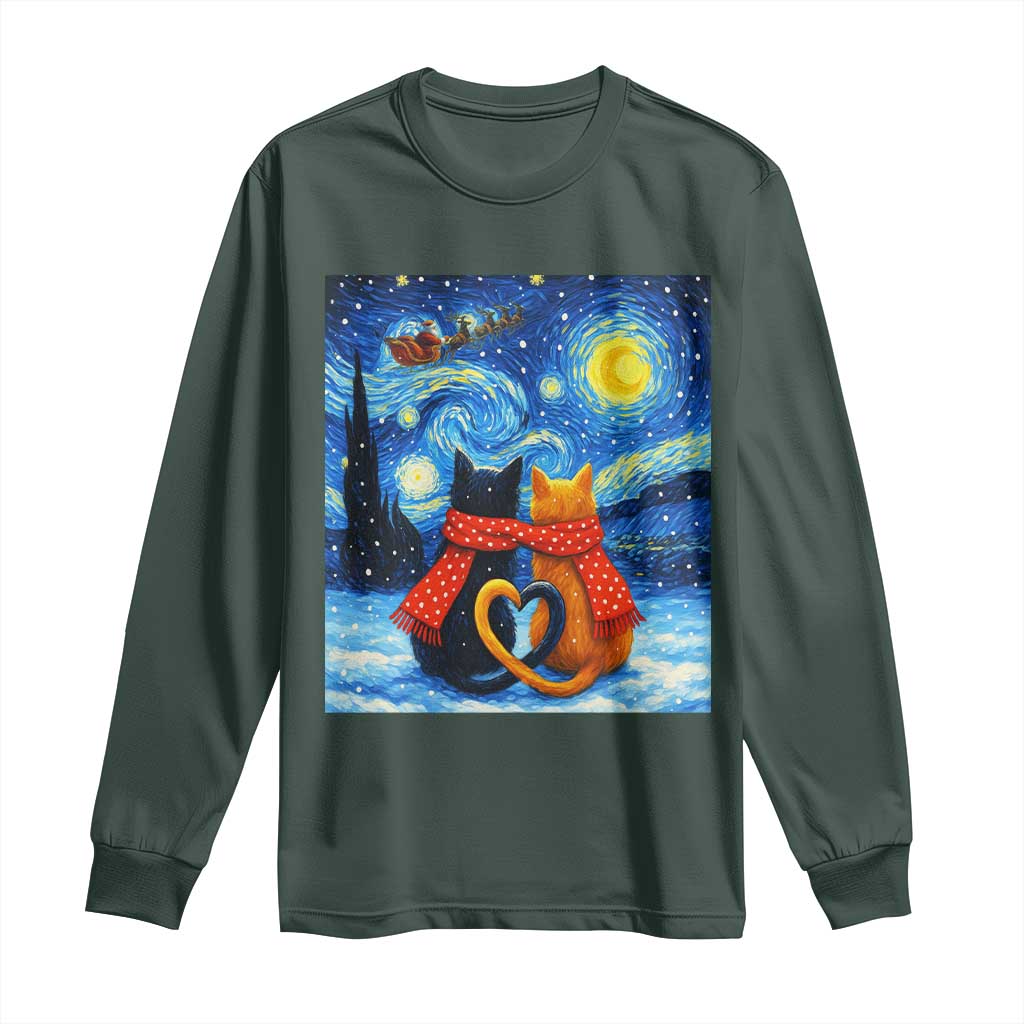 Funny Couples Christmas Long Sleeve Shirt Cats Lover Starry Night TS14 Dark Forest Green Print Your Wear