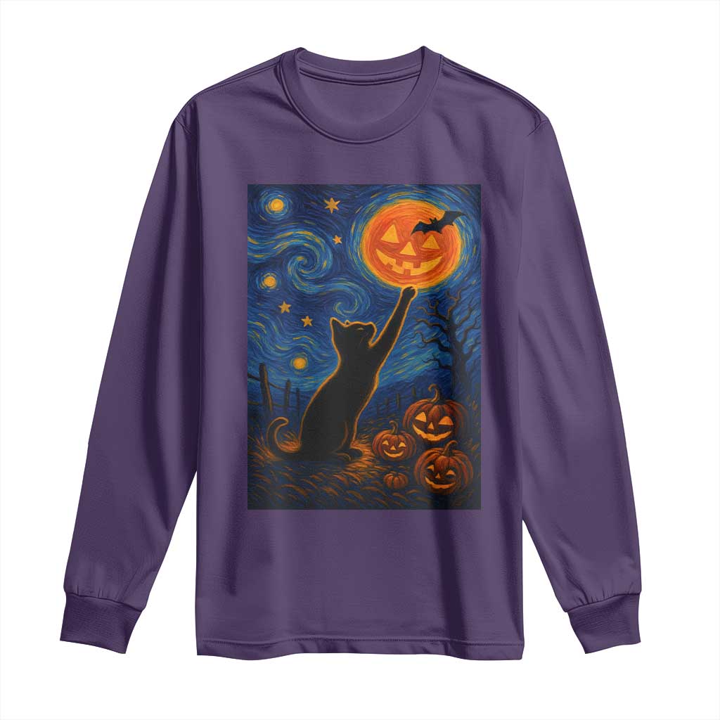 Black Cat Halloween Long Sleeve Shirt Starry Night Van Gogh TS14 Purple Print Your Wear