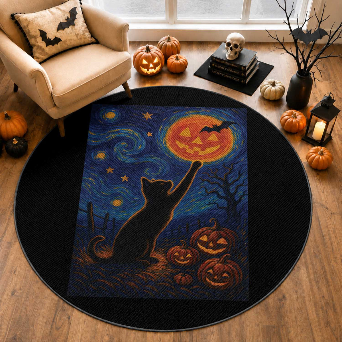 Black Cat Halloween Round Rug Starry Night Van Gogh