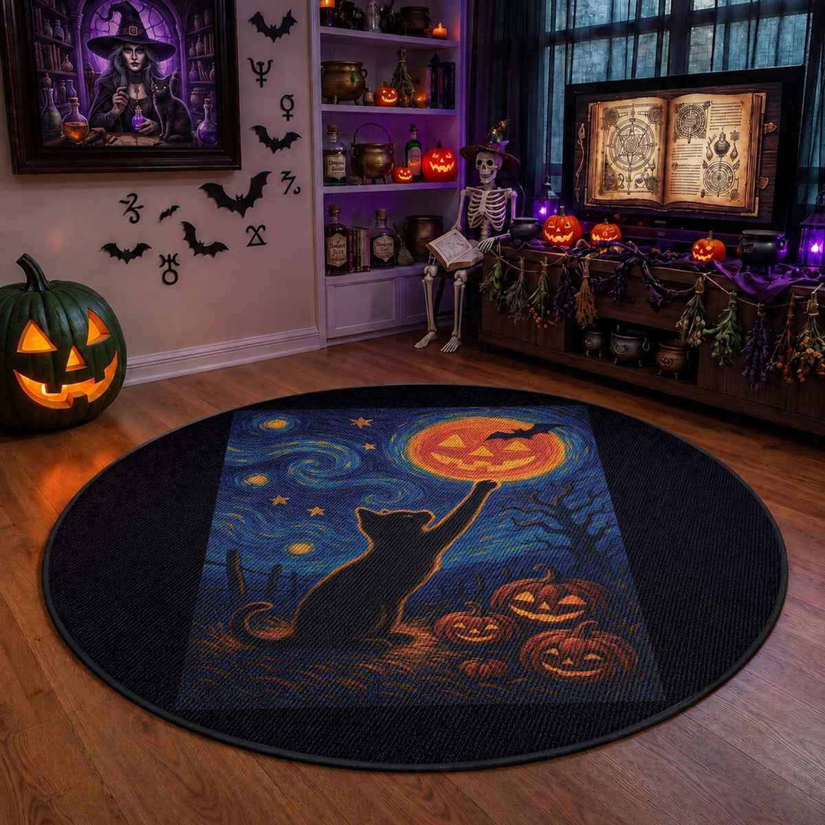 Black Cat Halloween Round Rug Starry Night Van Gogh