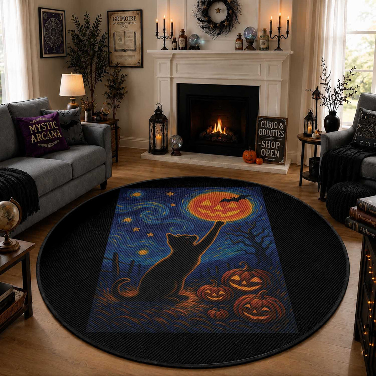 Black Cat Halloween Round Rug Starry Night Van Gogh