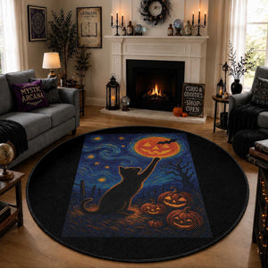 Black Cat Halloween Round Rug Starry Night Van Gogh