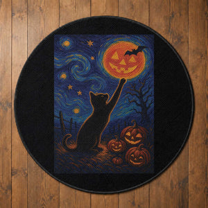 Black Cat Halloween Round Rug Starry Night Van Gogh