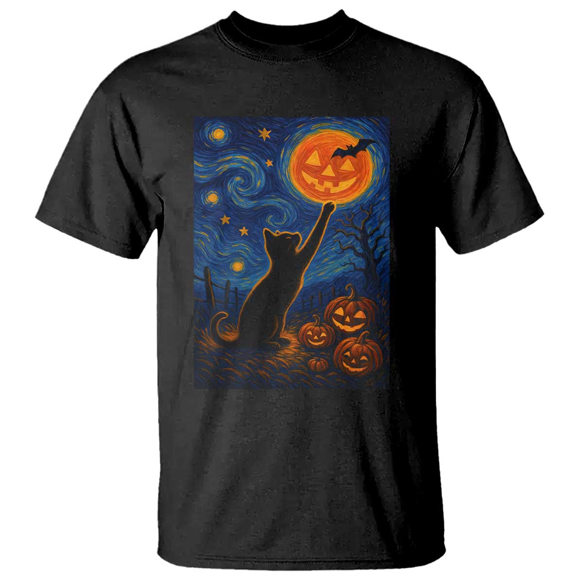 Black Cat Halloween T Shirt Starry Night Van Gogh TS14 Black Print Your Wear