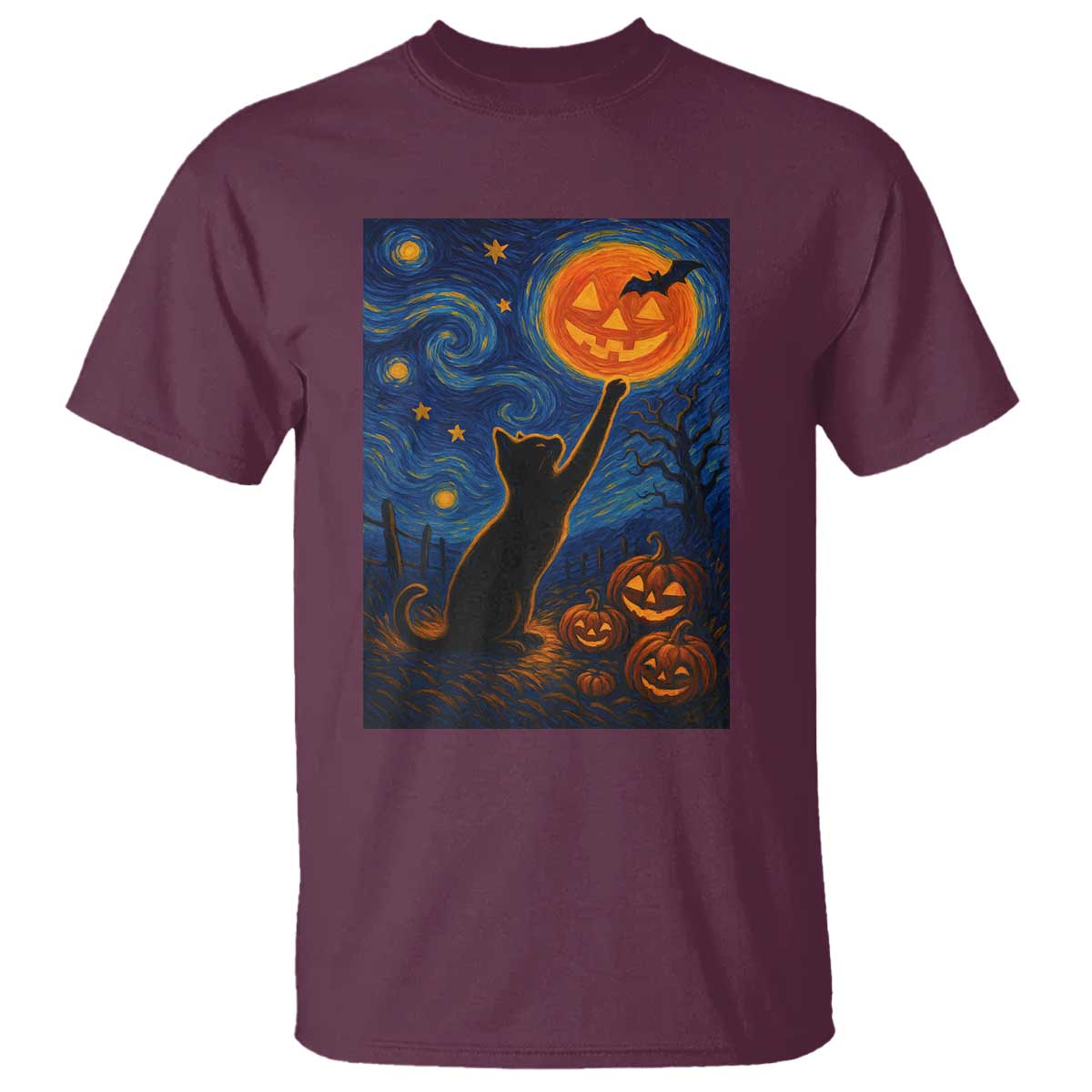 Black Cat Halloween T Shirt Starry Night Van Gogh TS14 Maroon Print Your Wear