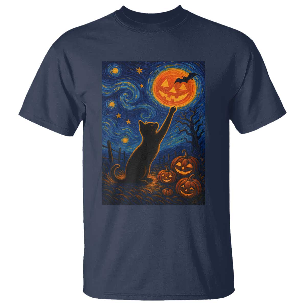 Black Cat Halloween T Shirt Starry Night Van Gogh TS14 Navy Print Your Wear