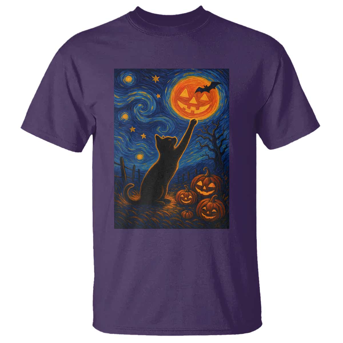 Black Cat Halloween T Shirt Starry Night Van Gogh TS14 Purple Print Your Wear