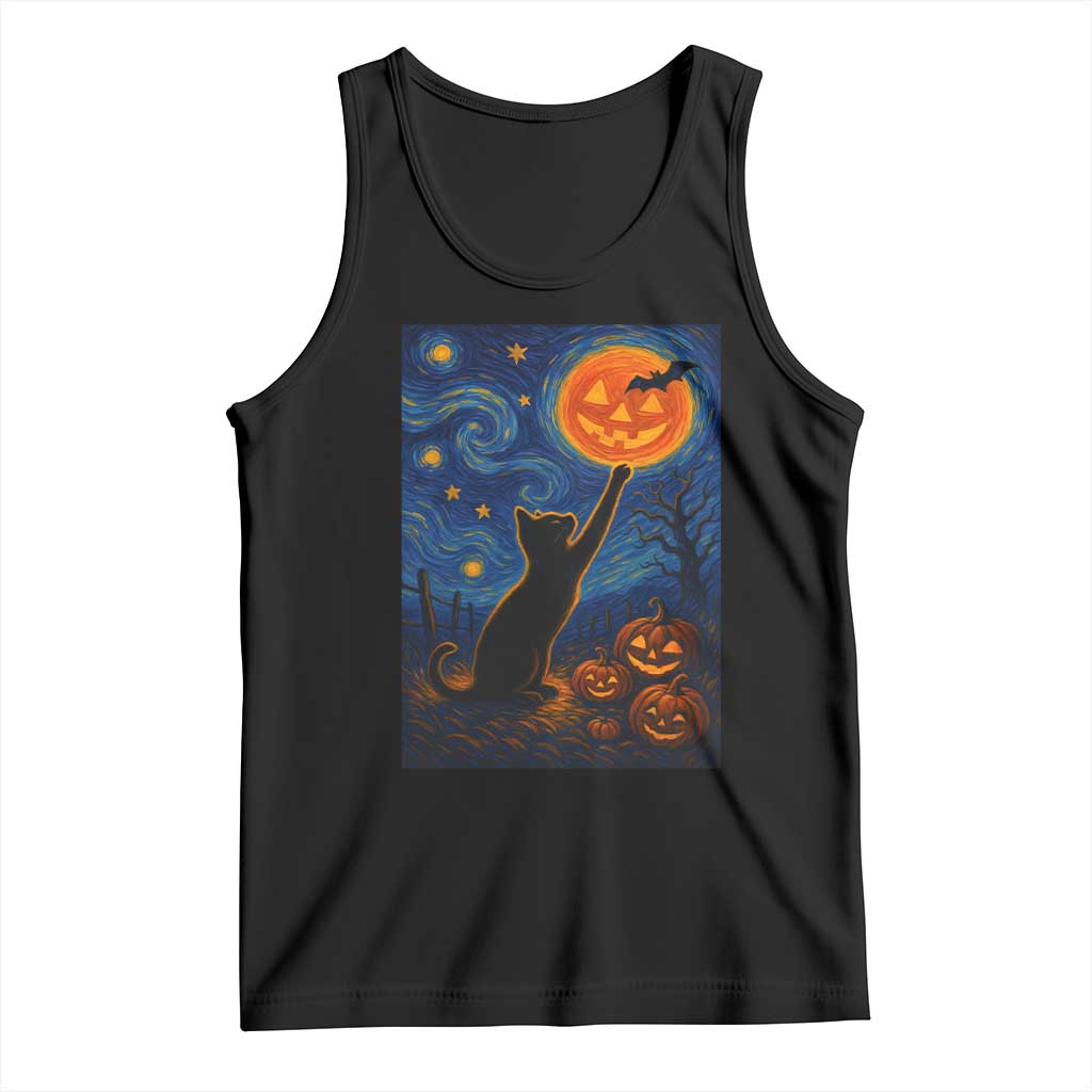 Black Cat Halloween Tank Top Starry Night Van Gogh TS14 Black Print Your Wear