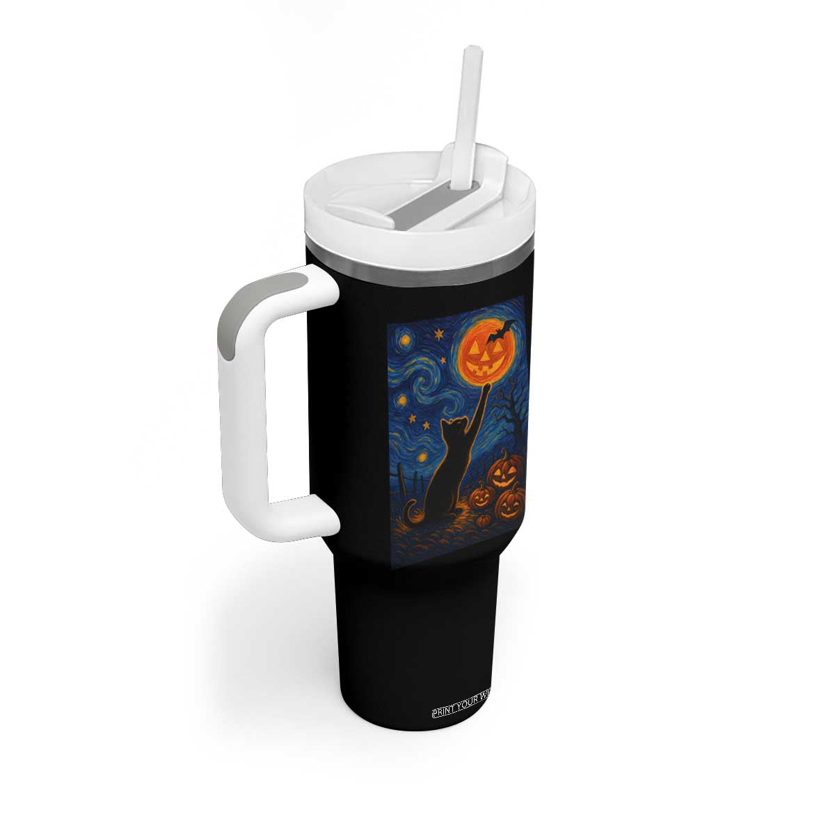 Black Cat Halloween Tumbler With Handle Starry Night Van Gogh TS14 Print Your Wear