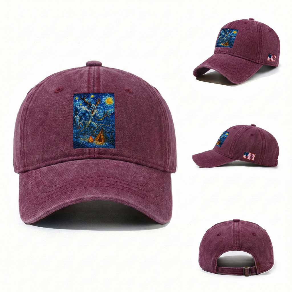 Wedigo Cryptid Christmas Washed Cotton Baseball Cap Native American Starry Night Xmas TS14 Washed Cap Universal Fit Burgundy Print Your Wear