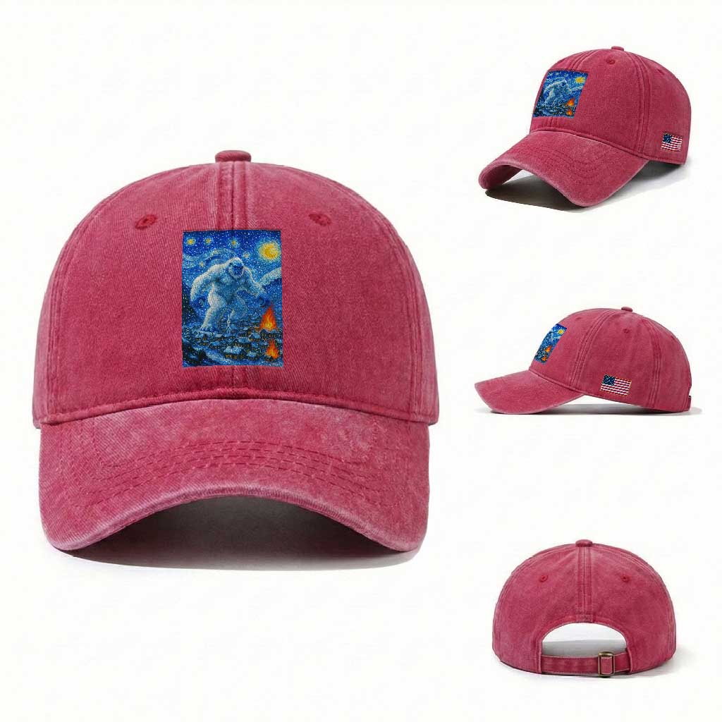 Yeti Cryptid Christmas Washed Cotton Baseball Cap Winter Monster Starry Night Xmas TS14 Washed Cap Universal Fit Red Print Your Wear