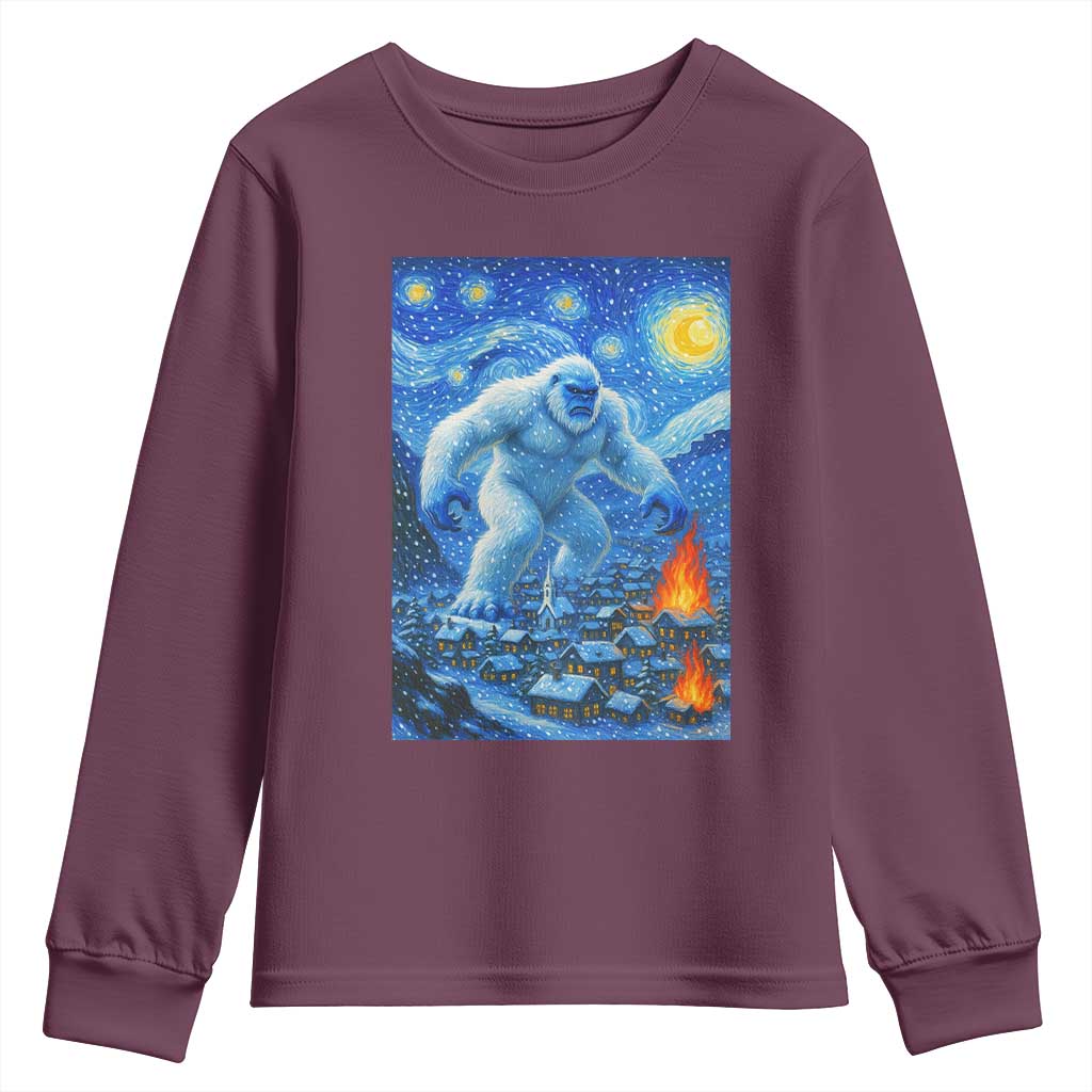 Yeti Cryptid Christmas Youth Sweatshirt Winter Monster Starry Night Xmas TS14 Maroon Print Your Wear