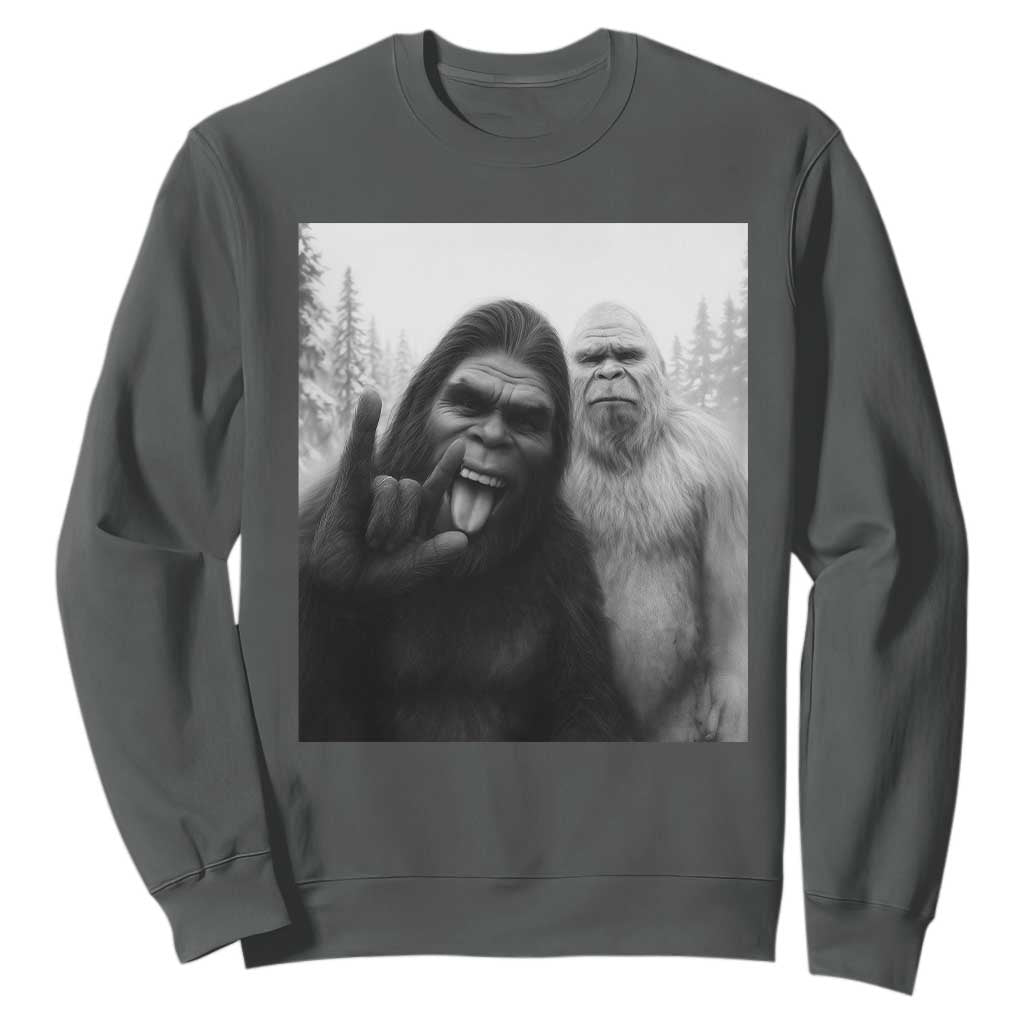 Bigfoot Selfie Christmas Sweatshirt Sasquatch Yeti Rock On Hand TS14 Dark Heather Print Your Wear