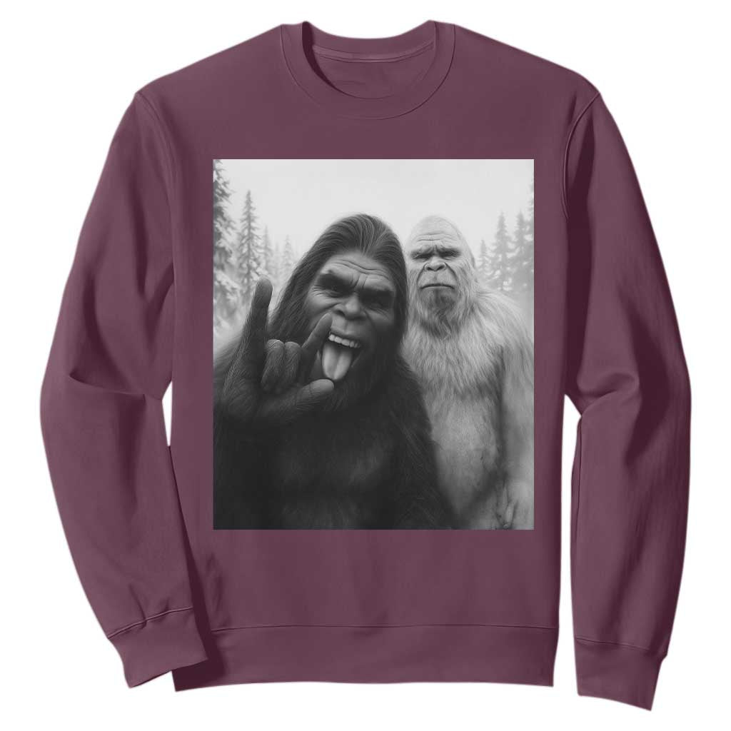 Bigfoot Selfie Christmas Sweatshirt Sasquatch Yeti Rock On Hand TS14 Maroon Print Your Wear