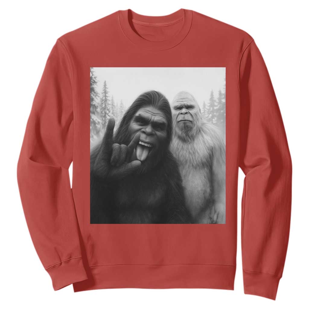 Bigfoot Selfie Christmas Sweatshirt Sasquatch Yeti Rock On Hand TS14 Red Print Your Wear