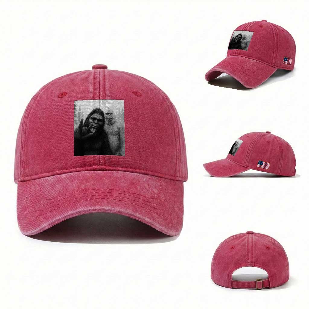 Bigfoot Selfie Christmas Washed Cotton Baseball Cap Sasquatch Yeti Rock On Hand TS14 Washed Cap Universal Fit Red Print Your Wear