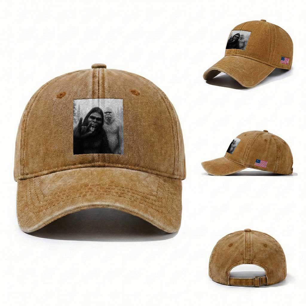 Bigfoot Selfie Christmas Washed Cotton Baseball Cap Sasquatch Yeti Rock On Hand TS14 Washed Cap Universal Fit Yellow Ochre Print Your Wear