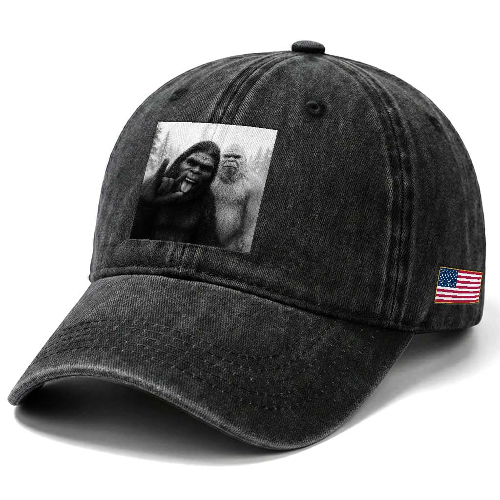 Bigfoot Selfie Christmas Washed Cotton Baseball Cap Sasquatch Yeti Rock On Hand TS14 Print Your Wear