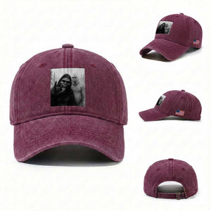 Bigfoot Selfie Christmas Washed Cotton Baseball Cap Sasquatch Yeti Rock On Hand TS14 Washed Cap Universal Fit Burgundy Print Your Wear
