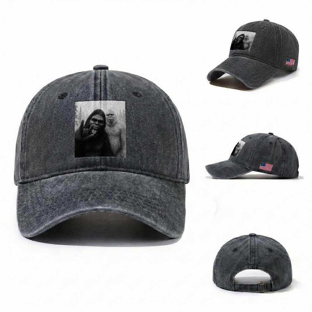 Bigfoot Selfie Christmas Washed Cotton Baseball Cap Sasquatch Yeti Rock On Hand TS14 Washed Cap Universal Fit Dark Gray Print Your Wear