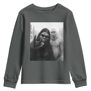 Bigfoot Selfie Christmas Youth Sweatshirt Sasquatch Yeti Rock On Hand TS14 Dark Heather Print Your Wear
