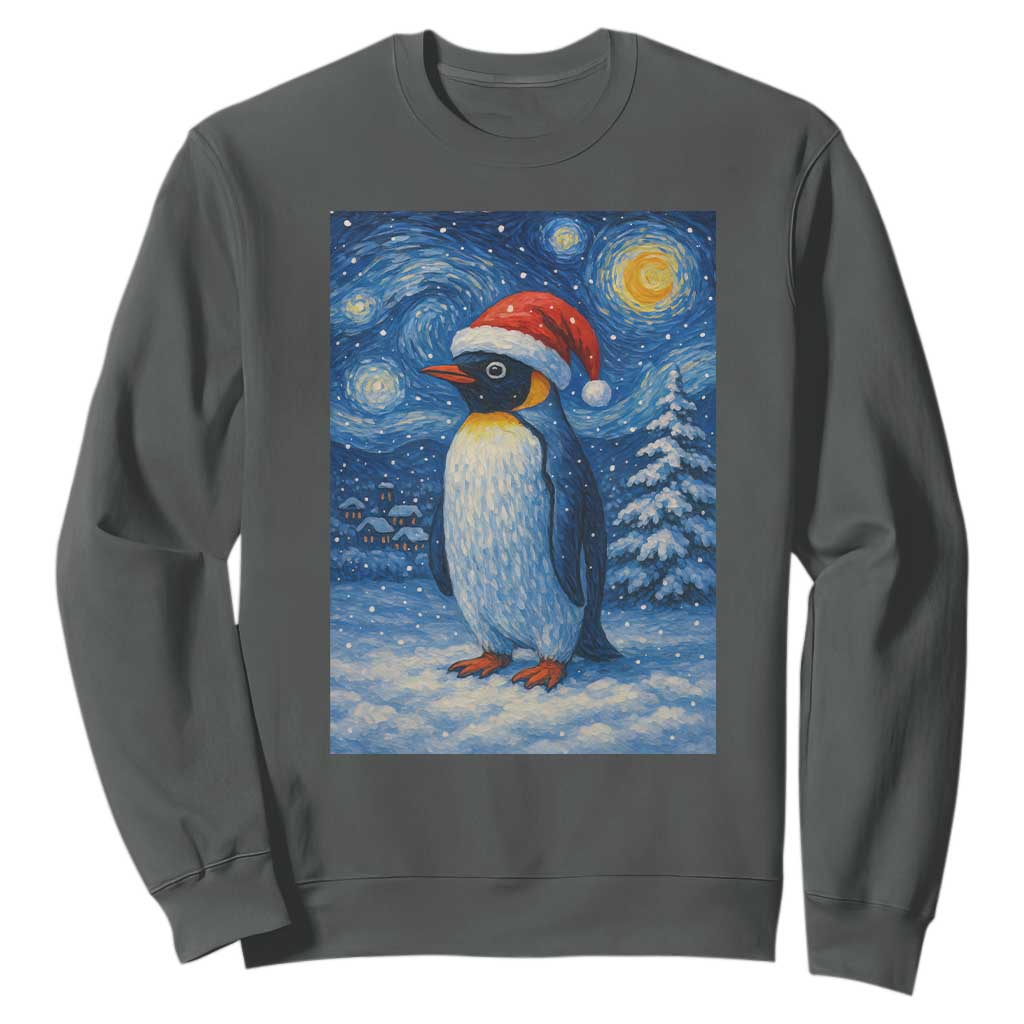 Penguin Christmas Sweatshirt Starry Night Van Gogh TS14 Dark Heather Print Your Wear