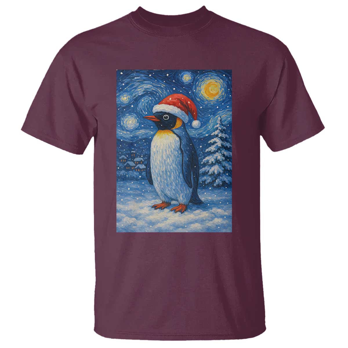 Penguin Christmas T Shirt Starry Night Van Gogh TS14 Maroon Print Your Wear