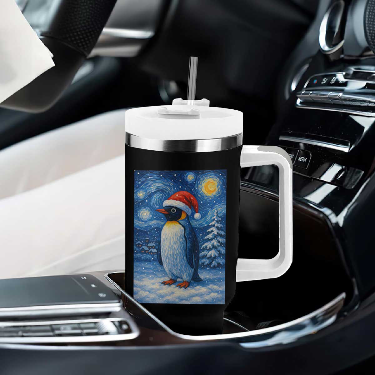 Penguin Christmas Tumbler With Handle Starry Night Van Gogh TS14 Print Your Wear