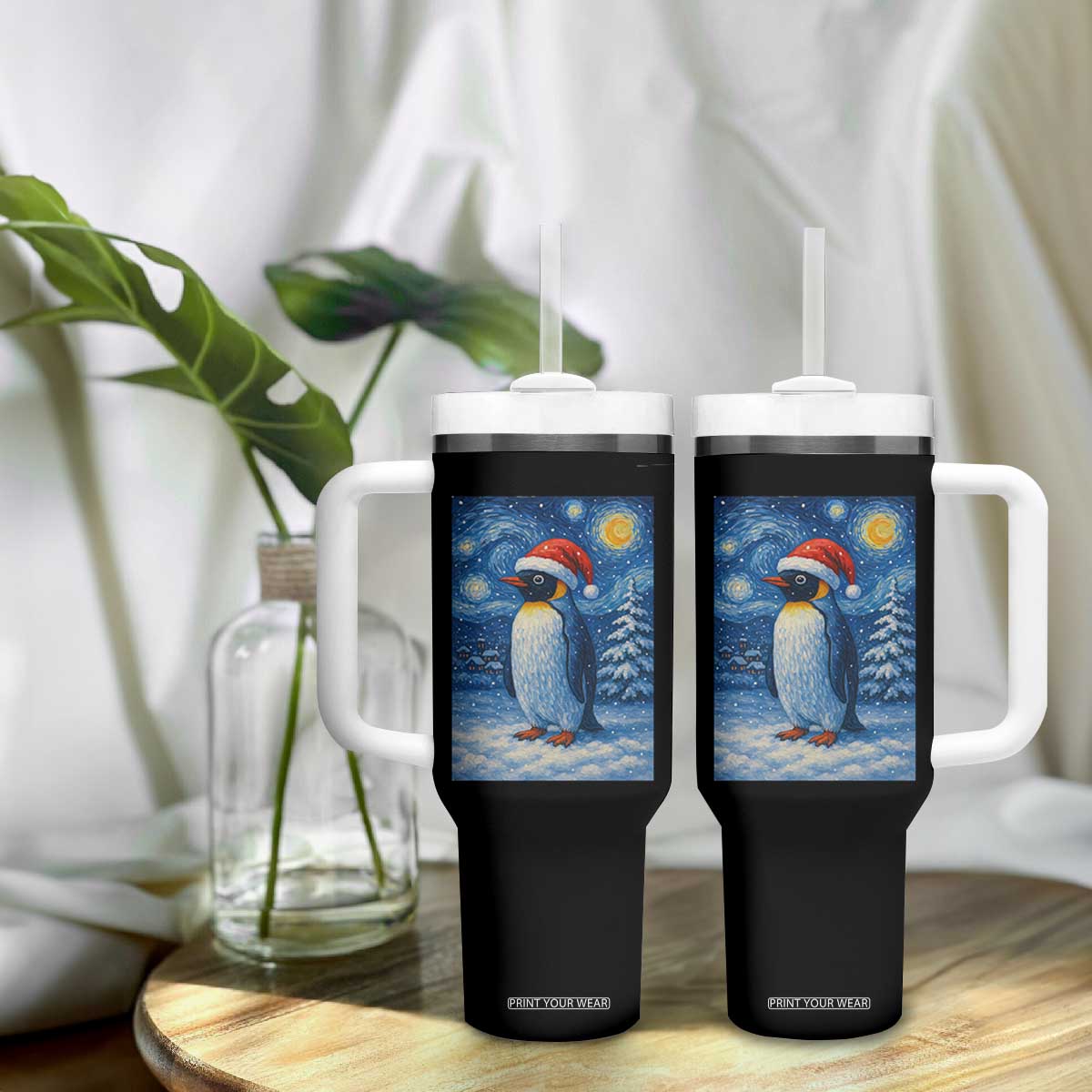 Penguin Christmas Tumbler With Handle Starry Night Van Gogh TS14 Print Your Wear