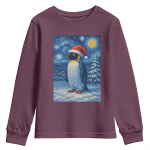 Penguin Christmas Youth Sweatshirt Starry Night Van Gogh TS14 Maroon Print Your Wear