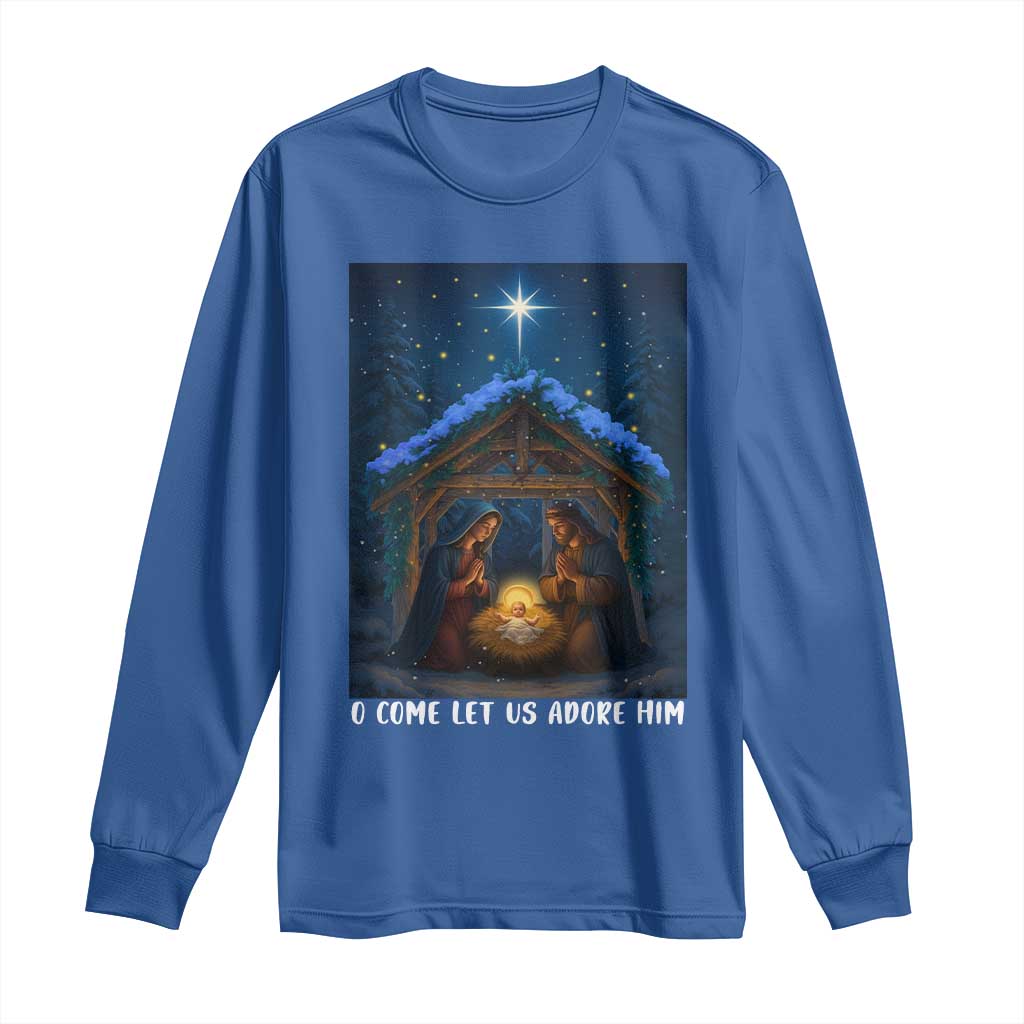 Nativity Scene Christmas Long Sleeve Shirt O Come Let Us Adrove Him TS14 Royal Blue Print Your Wear