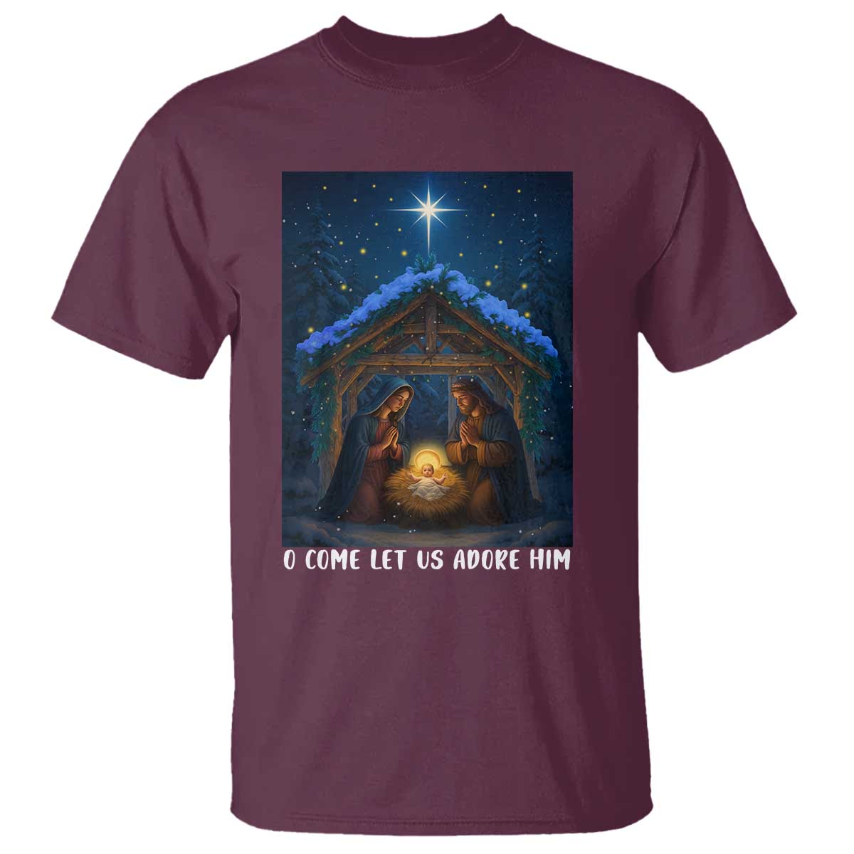 Nativity Scene Christmas T Shirt O Come Let Us Adrove Him TS14 Maroon Print Your Wear