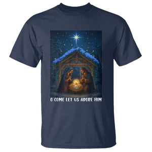 Nativity Scene Christmas T Shirt O Come Let Us Adrove Him TS14 Navy Print Your Wear
