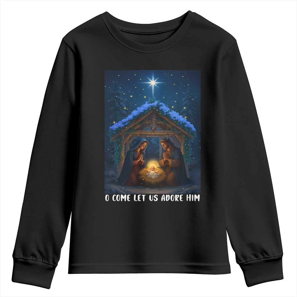Nativity Scene Christmas Youth Sweatshirt O Come Let Us Adrove Him TS14 Black Print Your Wear
