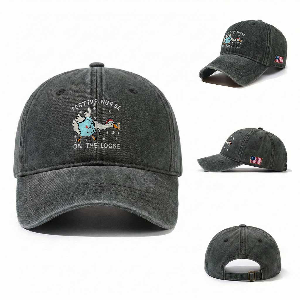 Funny ER Nurse Goose Christmas Washed Cotton Baseball Cap Festive Nurses On The Loose TS14 Washed Cap Universal Fit Dark Green Print Your Wear