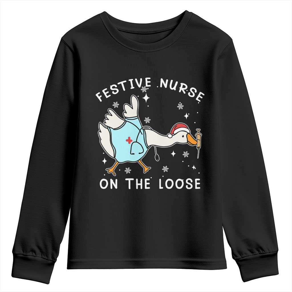 Funny ER Nurse Goose Christmas Youth Sweatshirt Festive Nurses On The Loose TS14 Black Print Your Wear