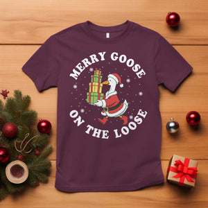 Festive Goose on The Loose T Shirt Funny Goose Christmas Meme TS14 Maroon Print Your Wear