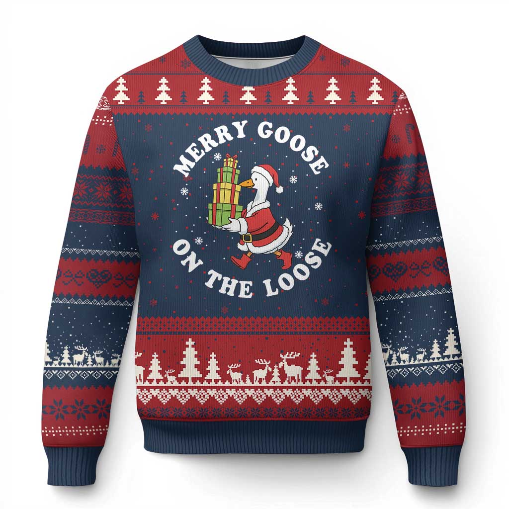 Festive Goose on The Loose Ugly Christmas Sweater Funny Goose Xmas Meme TS14 Navy Red Print Your Wear