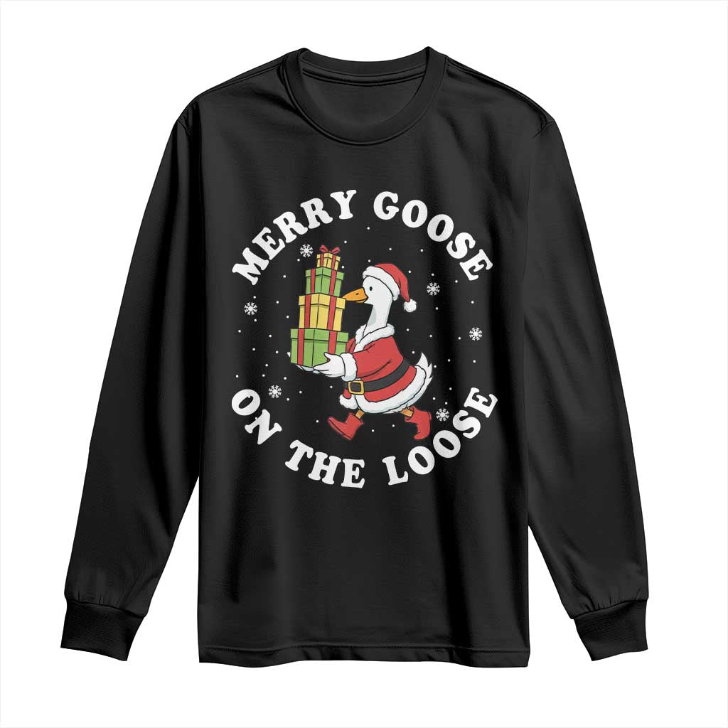 Festive Goose on The Loose Long Sleeve Shirt Funny Goose Christmas Meme TS14 Black Print Your Wear