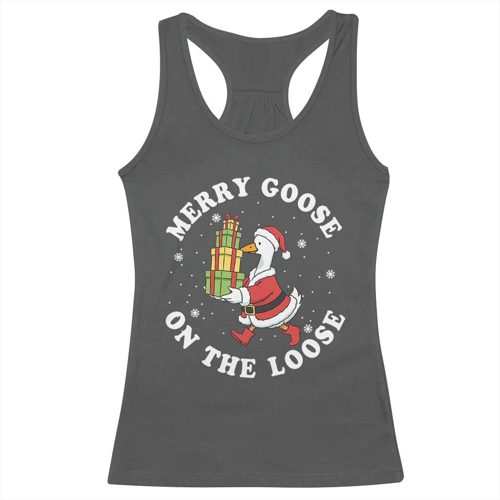 Festive Goose on The Loose Racerback Tank Top Funny Goose Christmas Meme TS14 Dark Heather Print Your Wear