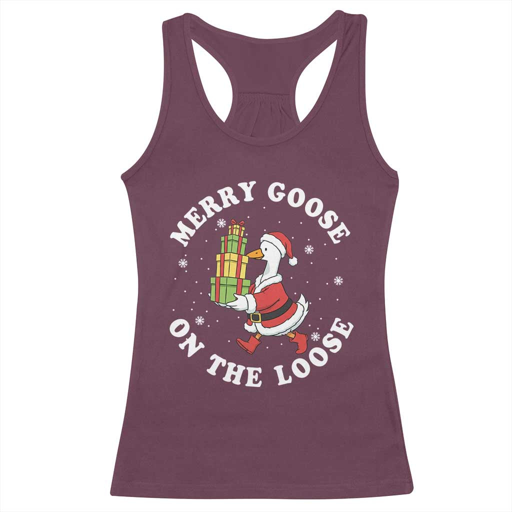 Festive Goose on The Loose Racerback Tank Top Funny Goose Christmas Meme TS14 Maroon Print Your Wear