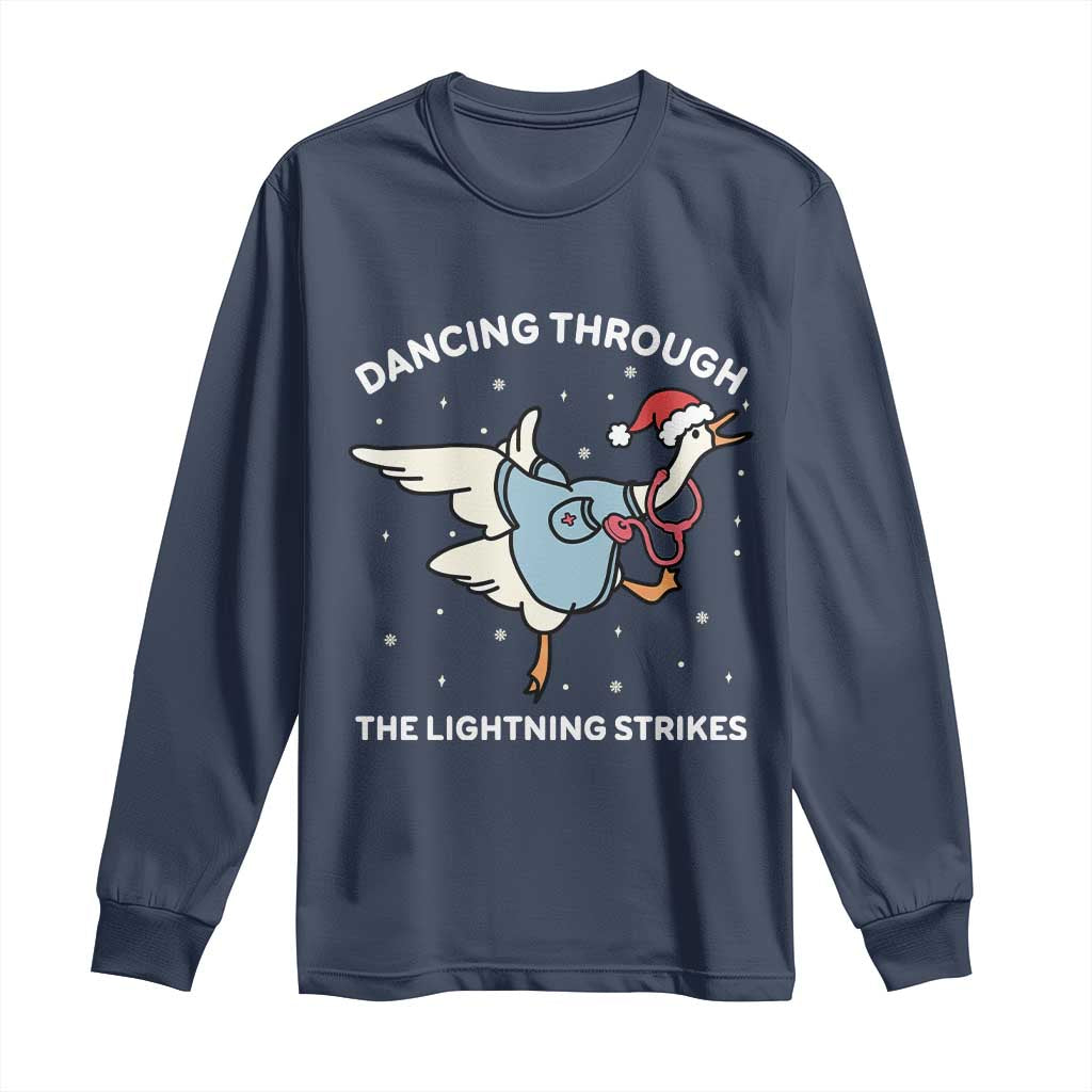 Christmas Goose Nurse Long Sleeve Shirt Dancing Through The Lightning Strikes TS14 Navy Print Your Wear