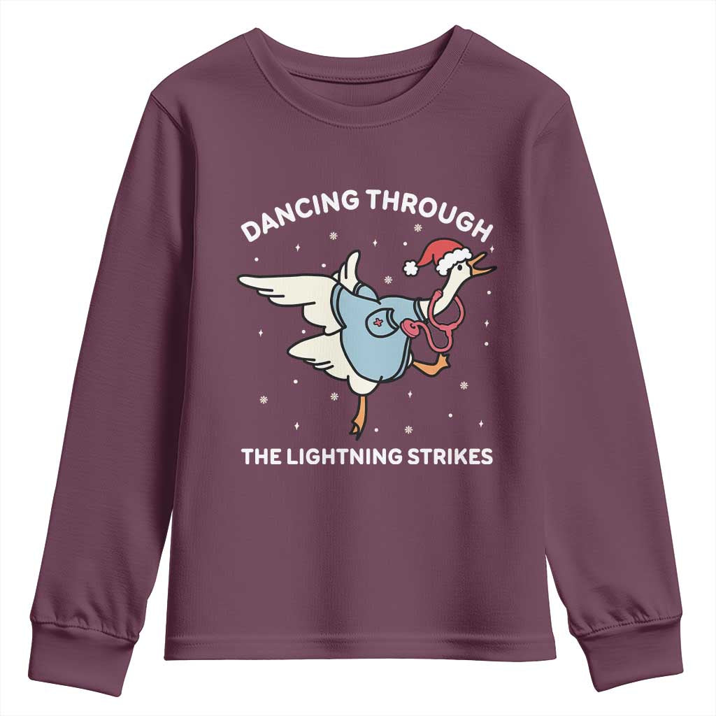 Christmas Goose Nurse Youth Sweatshirt Dancing Through The Lightning Strikes TS14 Maroon Print Your Wear