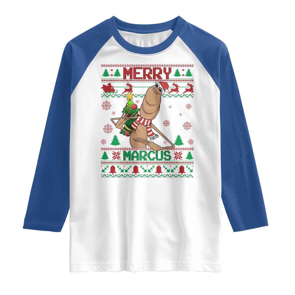 Marcus The Worm Christmas Meme Raglan Shirt Funny Brain Rot Xmas TS14 White Royal Print Your Wear