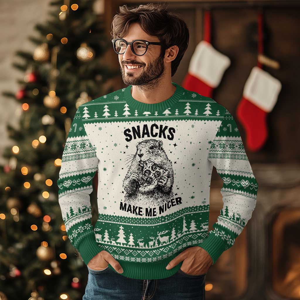 Funny Groundhog Eating Pizza Ugly Christmas Sweater Snacks Make Me Nicer TS14 Beige Green Print Your Wear