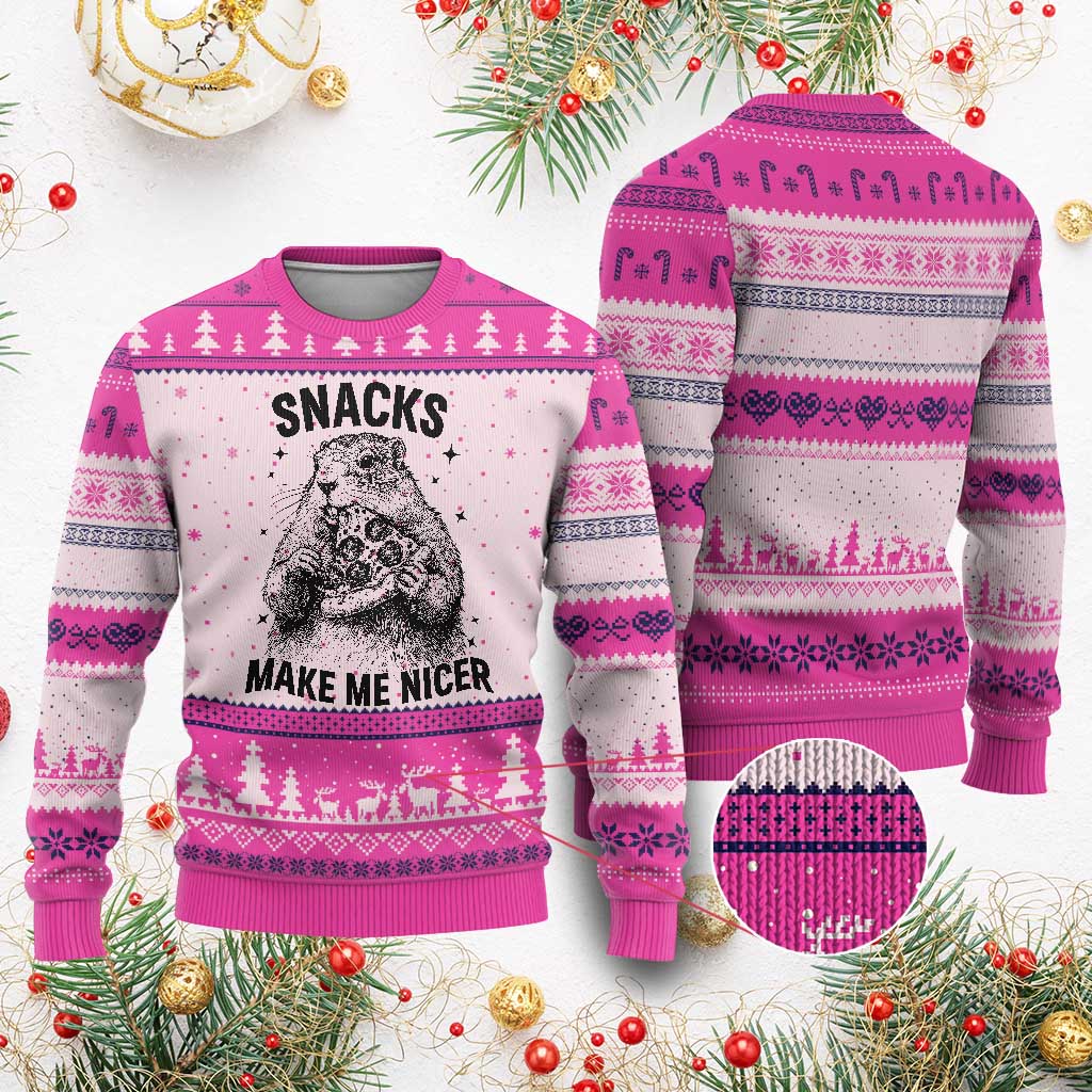 Funny Groundhog Eating Pizza Ugly Christmas Sweater Snacks Make Me Nicer TS14 Hot Pink Print Your Wear