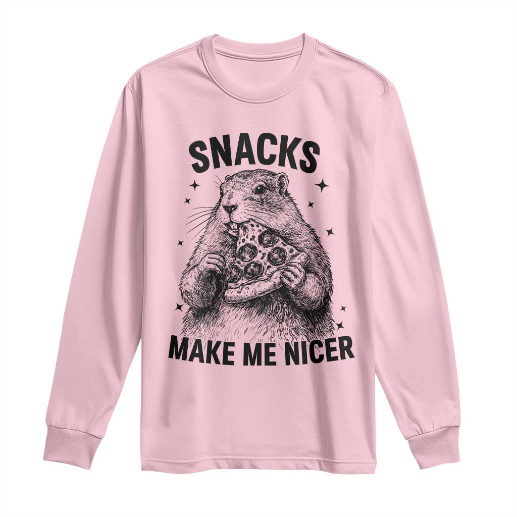 Funny Groundhog Eating Pizza Long Sleeve Shirt Snacks Make Me Nicer TS14 Light Pink Print Your Wear