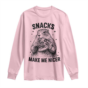 Funny Groundhog Eating Pizza Long Sleeve Shirt Snacks Make Me Nicer TS14 Light Pink Print Your Wear