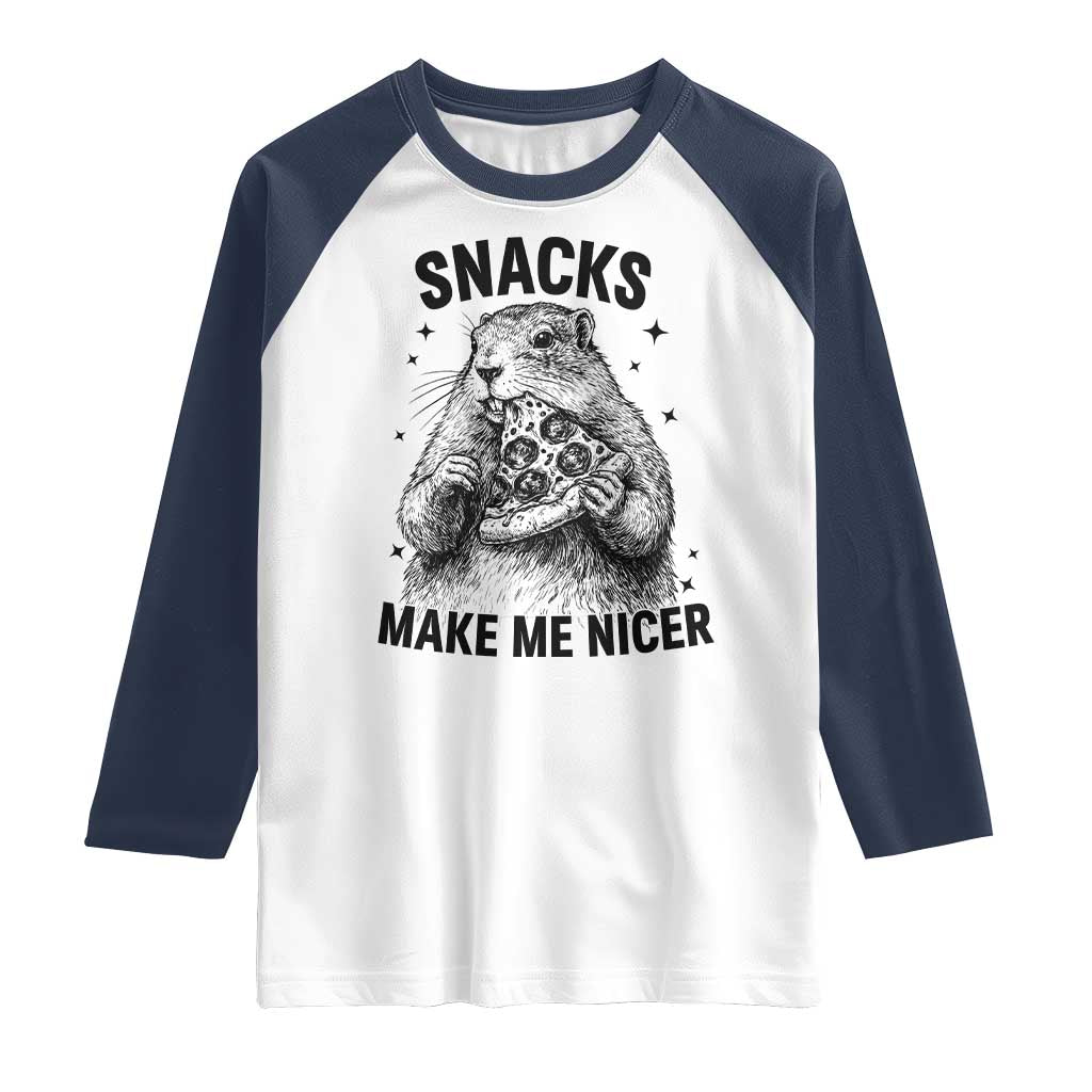 Funny Groundhog Eating Pizza Raglan Shirt Snacks Make Me Nicer TS14 White Navy Print Your Wear